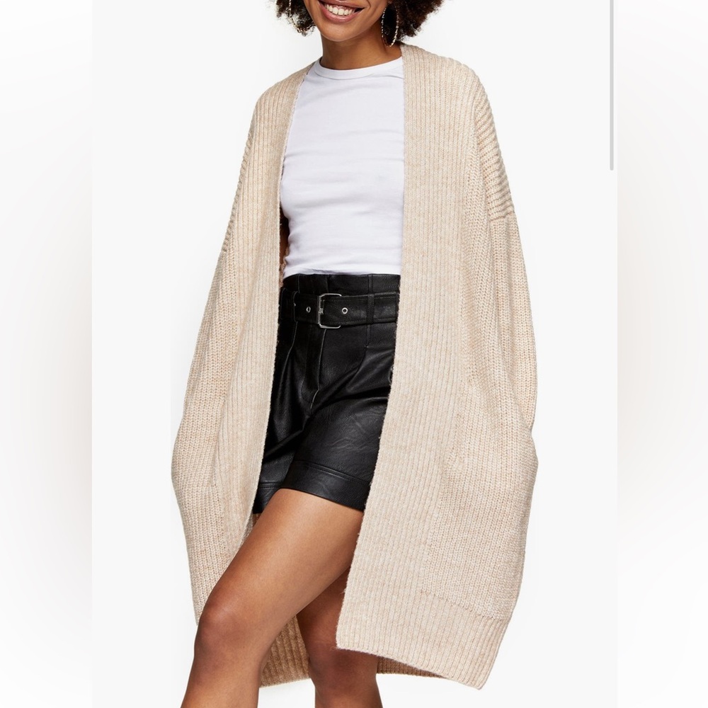 Topshop Ribbed Open Front Cardigan in Oat